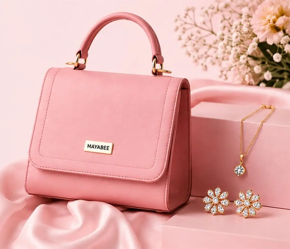 Rosé flap handbag with gold hardware and daisy jewellery on blush silk
